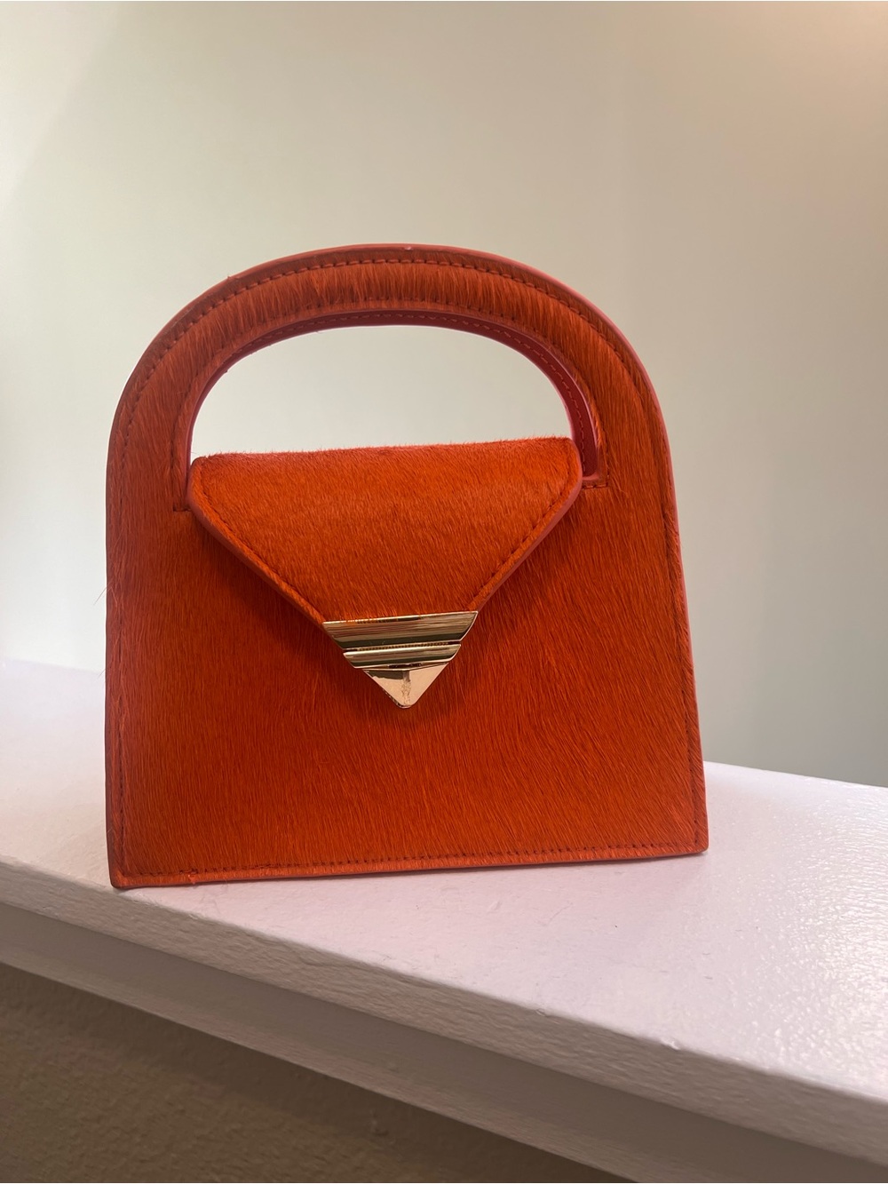 Zara Orange Faux Calf Hair Top Handle Mini Bag Geometric Gold Hardware